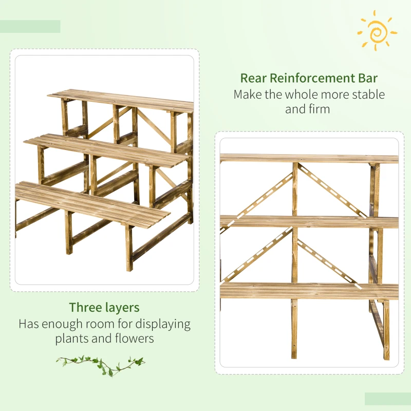 Outsunny 3 Tier Outdoor Plant Stand, Wood Ladder Shelf, Flower Pot Display Rack for Garden Backyard