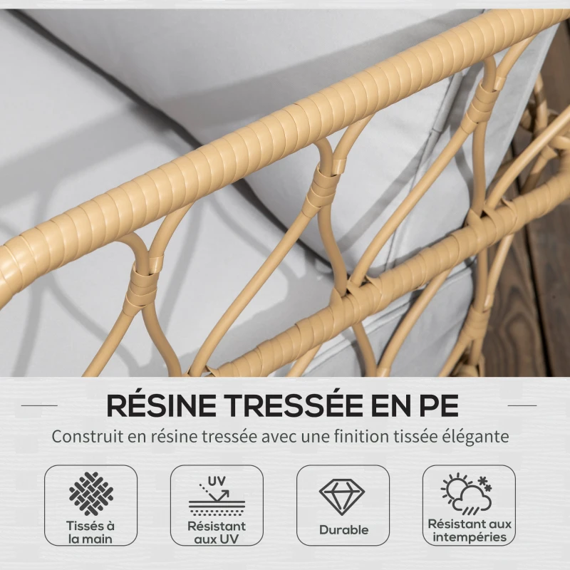 Outsunny Ensemble salon de jardin canapé 2 places + 2 fauteuils + 1 table basse plateau verre trempé 7 coussins gris