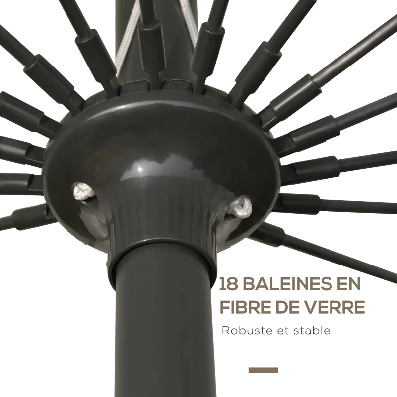 Outsunny Parasol droit parasol de jardin inclinable rond avec 18 baleines manivelle mât en métal fibre de verre Ø 2,5 m polyester haute densité gris
