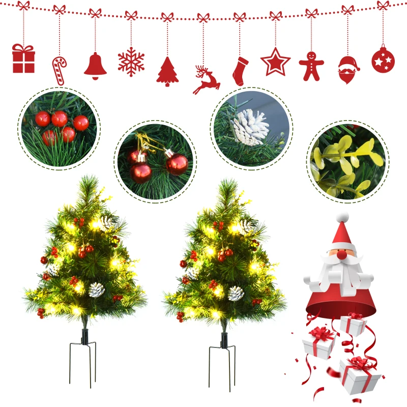 HOMCOM Sapins de Noël artificiel 75 cm - lot de 2 sapins LED - 8 modes réglable d'éclairage - 70 branches - décoration incluse - installation extérieur