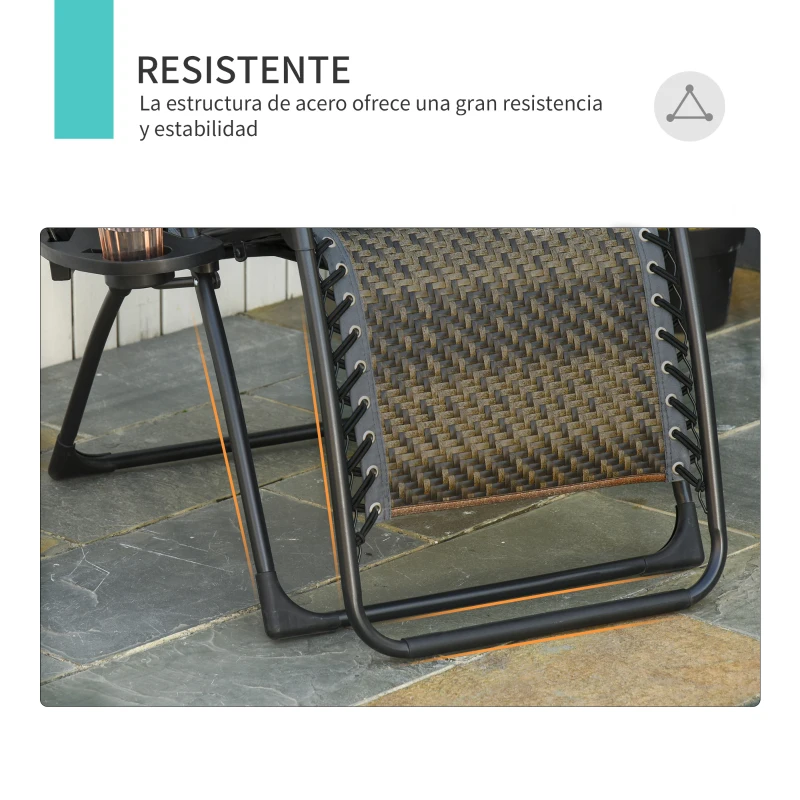 Outsunny Tumbona Plegable de Ratán con Respaldo Ajustable Reposacabezas Extraíble Portavasos y Soporte para Teléfono Jardín Terraza al Aire Libre 65x70x110 cm Gris