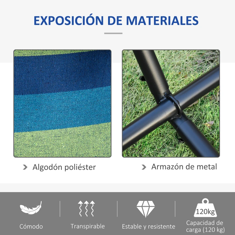 Outsunny Hamaca con Soporte 310x117 cm para Camping con Altura Ajustable y Bolsa de Transporte Carga 120 kg Rayas Verdes y Azules