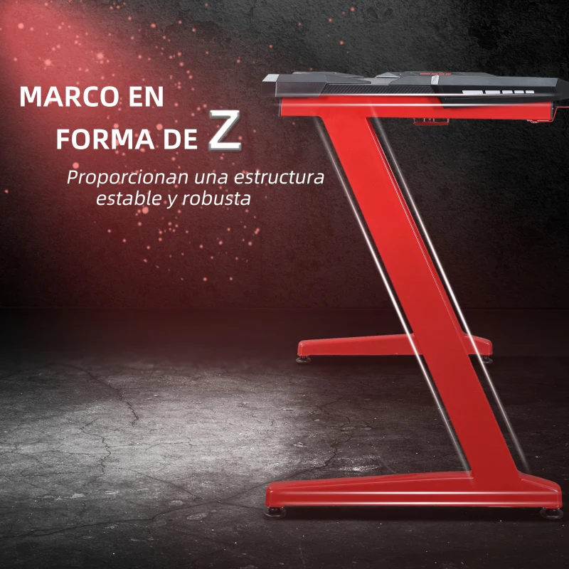 HOMCOM Mesa Gaming Escritorio 122x66x76 cm para Ordenador Tablero de Fibra de Carbono Portavasos Gancho para Auriculares Soporte de Gamepad y 2 Orificios Pasacables Negro y Rojo