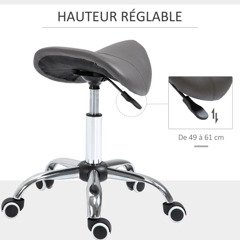 HOMCOM Tabouret à roulettes, tabouret de massage avec hauteur réglable 49-61 cm et selle ergonomique, chaise de travail à roulettes pivotant 360°, pour salon de massage, tatouage, clinique, spa, gris