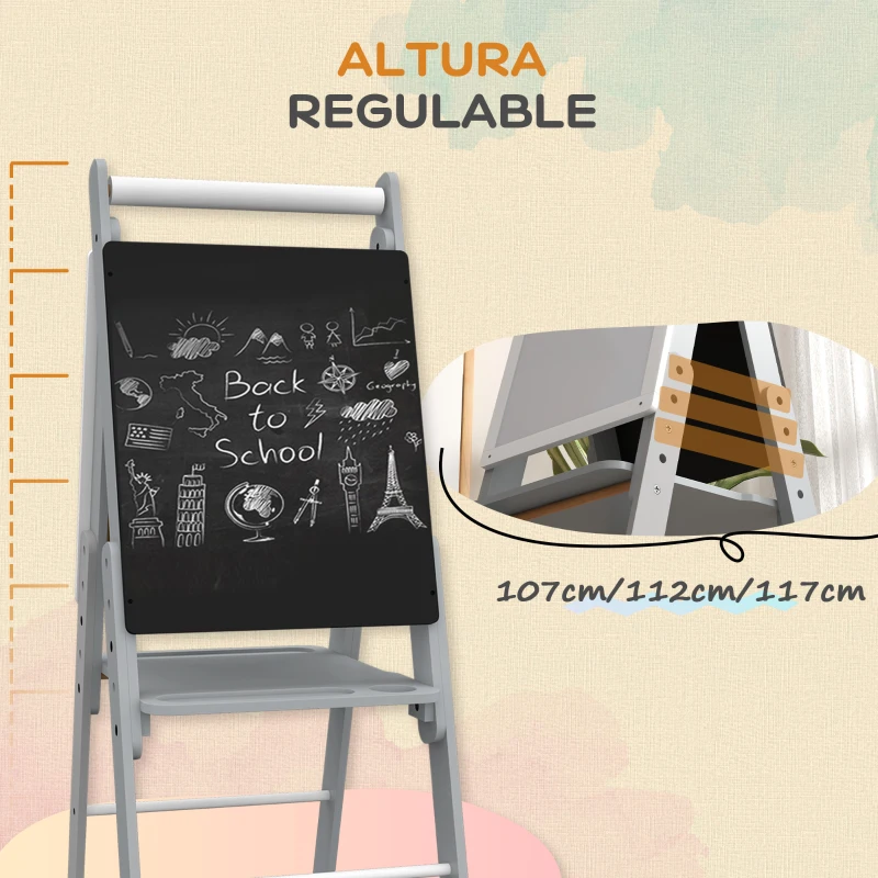 AIYAPLAY Caballete para Niños Caballete de Pizarra Blanca y Pizarra de Doble Cara Altura Ajustable 40x56x107/112/117 cm Gris