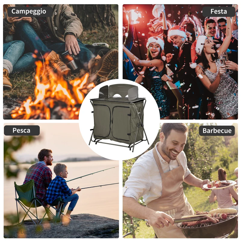 Outsunny Cucina da Campeggio, Tavolino da Campeggio o Picnic in Alluminio, Pieghevole e con Sacca da Viaggio, Verde, 94x57x109cm