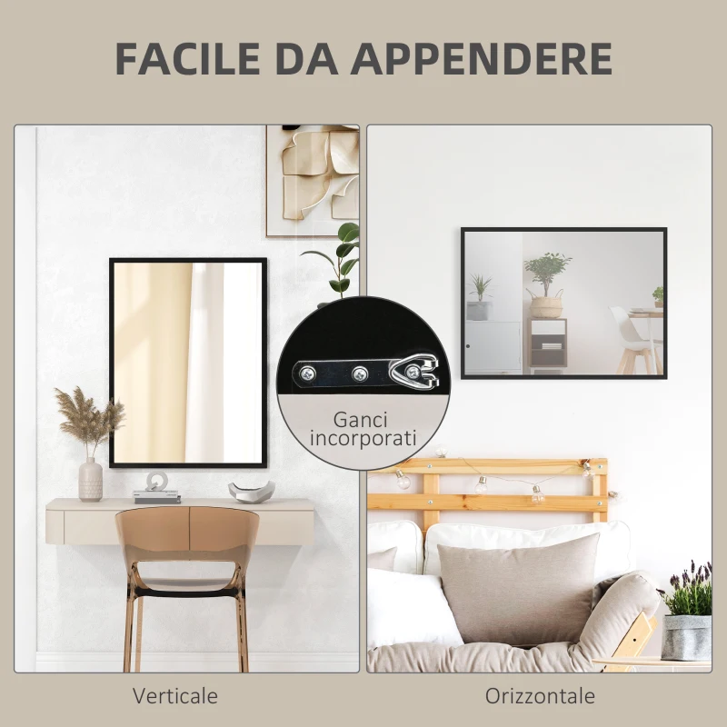 HOMCOM Specchio da Parete Rettangolare con Ganci, in Vetro e MDF, 60x80 cm, Nero