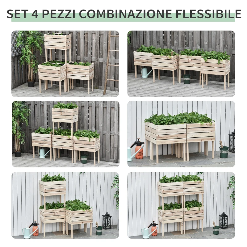 Outsunny Letto per Orto Rialzato con 4 Vasi Portapiante da 50x30x60cm, in Legno Colore Naturale