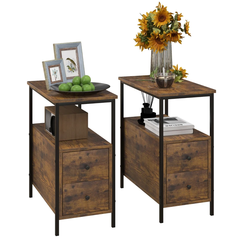 HOMCOM Set of 2 Side Table, Narrow Bedside Table with 2 Drawers and Storage Shelf, Industrial End Table with Metal Frame for Small Spaces, Rustic Brown
