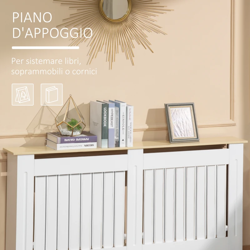 HOMCOM Mobile Copricaloriferi in Legno Truciolare e MDF, Pannello a Doghe e Mensola Superiore, 152x19x83cm, Bianco