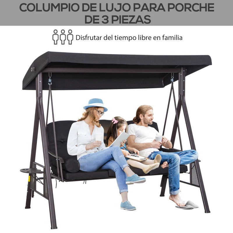 Outsunny Balancín de Jardín Exterior de 3 Plazas con Toldo Curvo 2 Bandejas Laterales y 2 Almohadas de Brazo 206x116x183 cm Negro