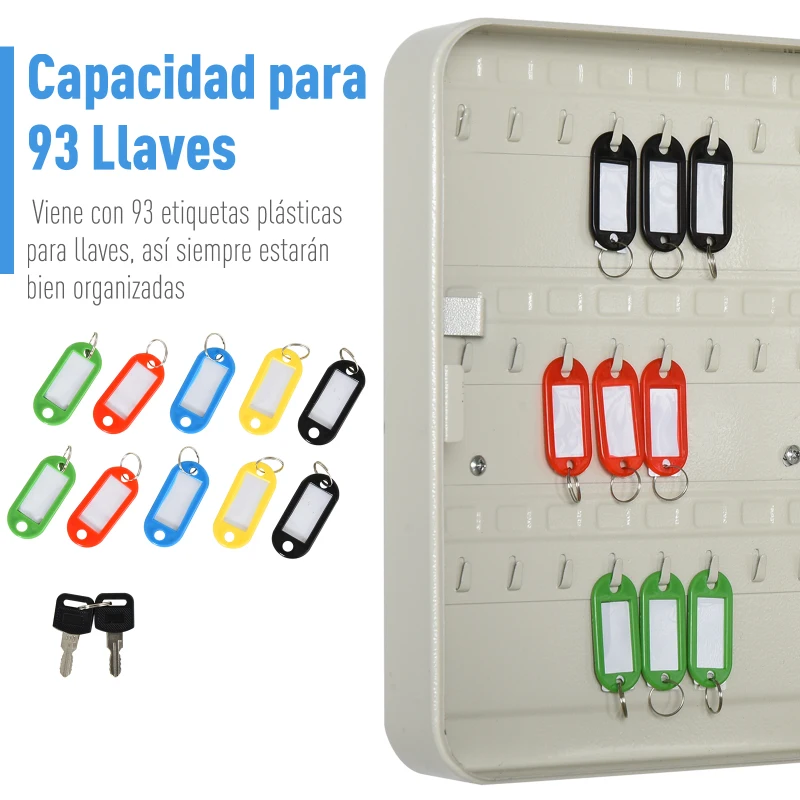HOMCOM Armario de Llaves Caja de Seguridad para Llaves Bloqueable con 93 Ganchos y Etiquetas 2 Cerraduras Accesorios de Montaje Incluidos 30x24x7,5 cm Beige