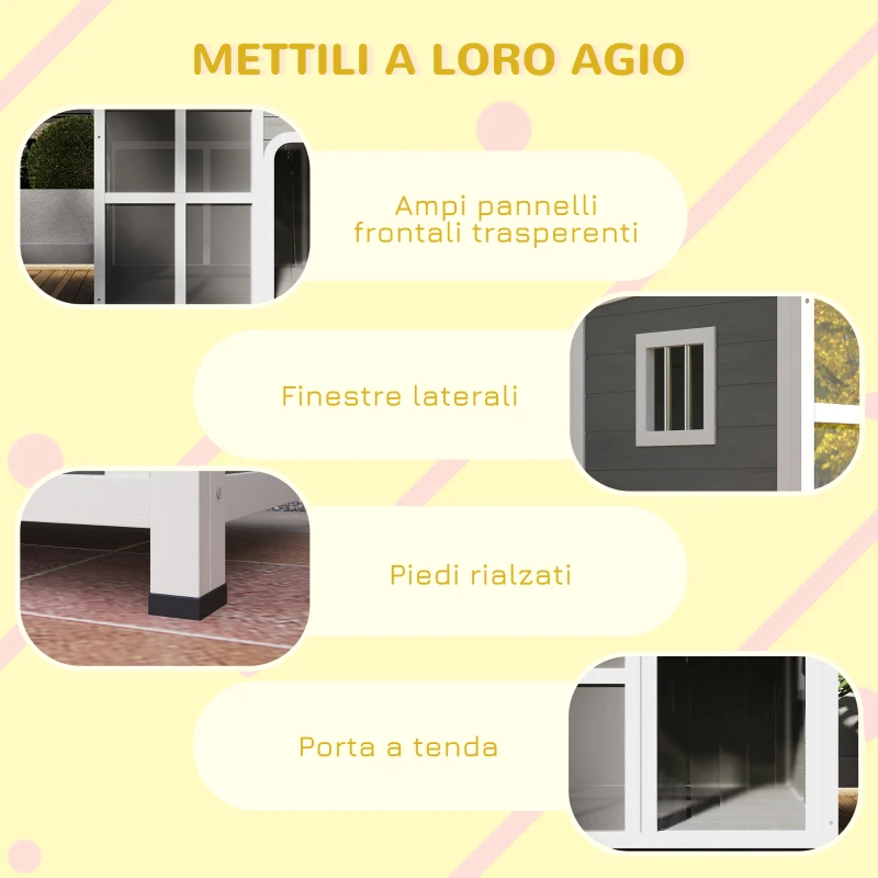 PawHut Casetta per Cani con Finestrelle e Ingresso a Tenda, in Legno di Abete, 90x62x71 cm, Grigio Chiaro