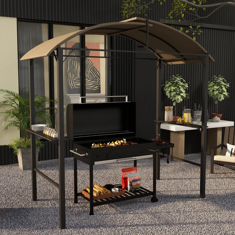 Outsunny Grillpavillon, 2 Seitenablagen, Haken, Stahlrahmen, 1,1 x 2,3m, Khaki(m-2)