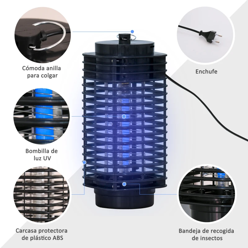 Outsunny Lámpara Antimosquitos Eléctrico 3W Mata Mosquitos Eléctrico UV Efecto 30 m² para Jardín Terraza Patio 11x11x26 cm Negro
