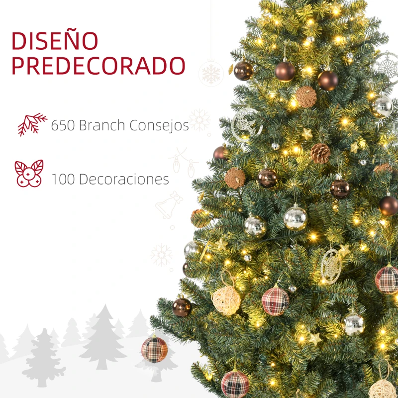 HOMCOM Árbol de Navidad Artificial de 1,8m 650 Ramas con 150 Luces LED y 100 Decoraciones Incluidas Ø106x180 cm Verde