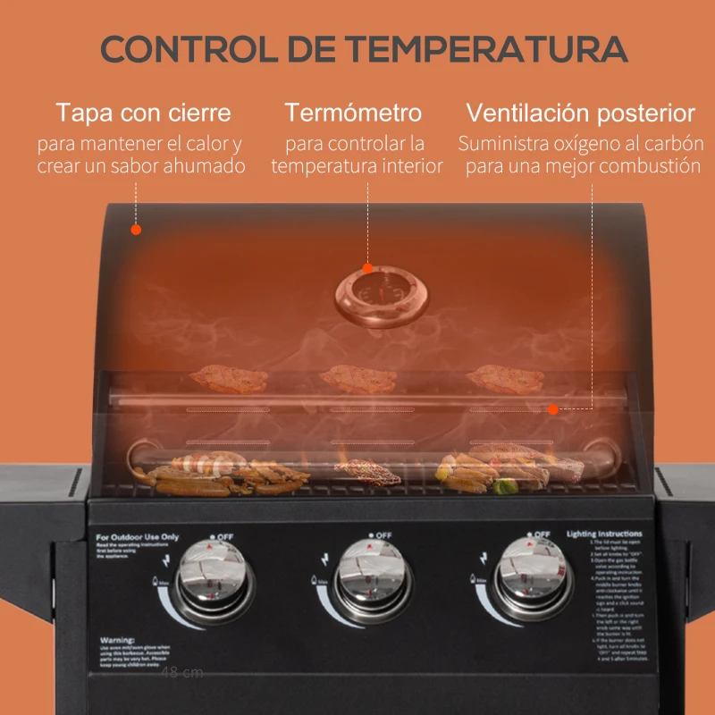 Outsunny Barbacoa de Gas con 3 Quemadores 8,7 KW con 2 Mesas Laterales Armario de 2 Puertas 4 Ruedas y Frenos 121x55x109 cm Negro