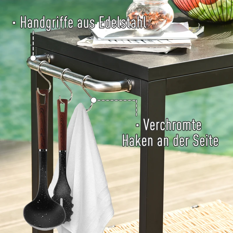 HOMCOM Küchenwagen mit Rollen, Servierwagen, Rollwagen mit Haken und Edelstahlgriffe, Küchentrolley, Schwarz, 135 x 46,5 x 86,5 cm