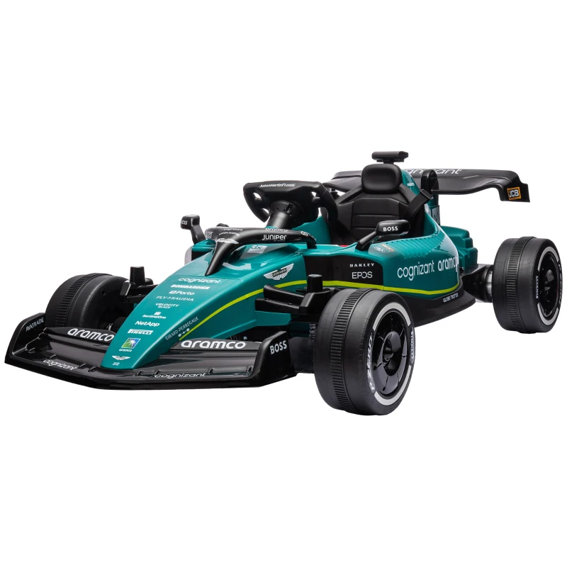 AIYAPLAY Aston Martin Licensed 12V Kids Ride on Racing Kart w/ Bluetooth, 4 Suspension Wheels, Music Lights Horn, Green