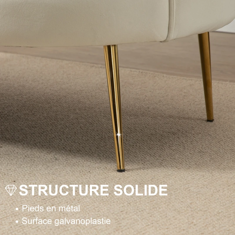 HOMCOM Canapé 2 places en tissu velours, petit canapé, en forme de coquillage, avec coussin épais de 10 cm, canapé, structure en métal, pieds dorés effilés, facile à assembler, crème