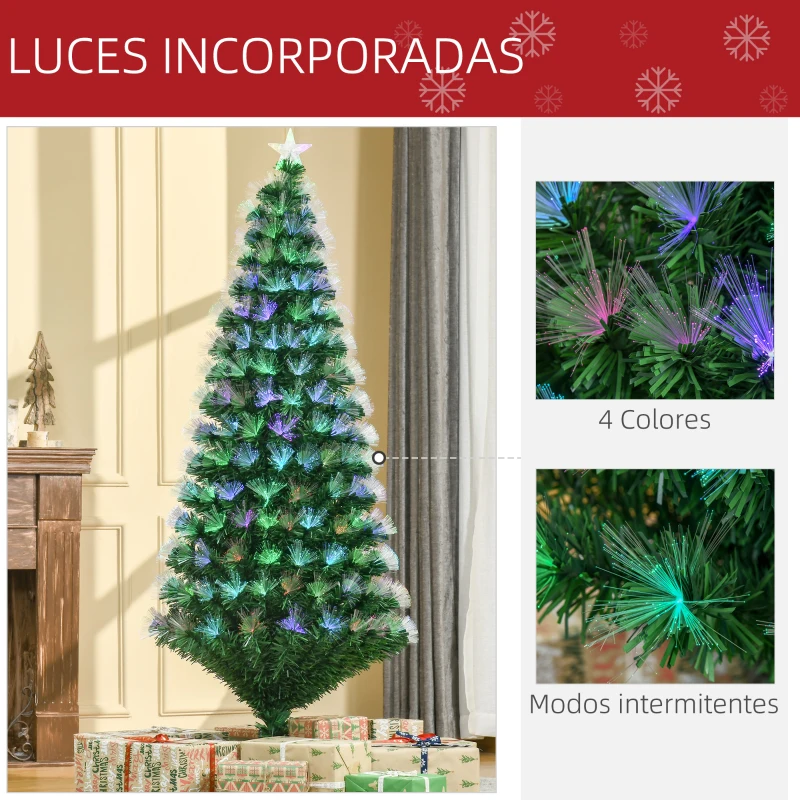 HOMCOM Árbol de Navidad de Fibra Óptica de 180 cm con 230 luces 7 Colores y Estrella en la Copa Ø84x180 cm Verde