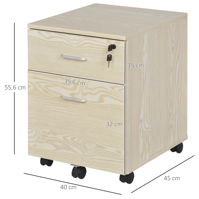 Vinsetto Rollcontainer Aktenschrank Bürocontainer mit 2 Schubladen mobil abschließbar Büroschrank Aufbewahrung  Container 5 Universalräder Spanplatte Natur 40 x 45 x 55,6 cm