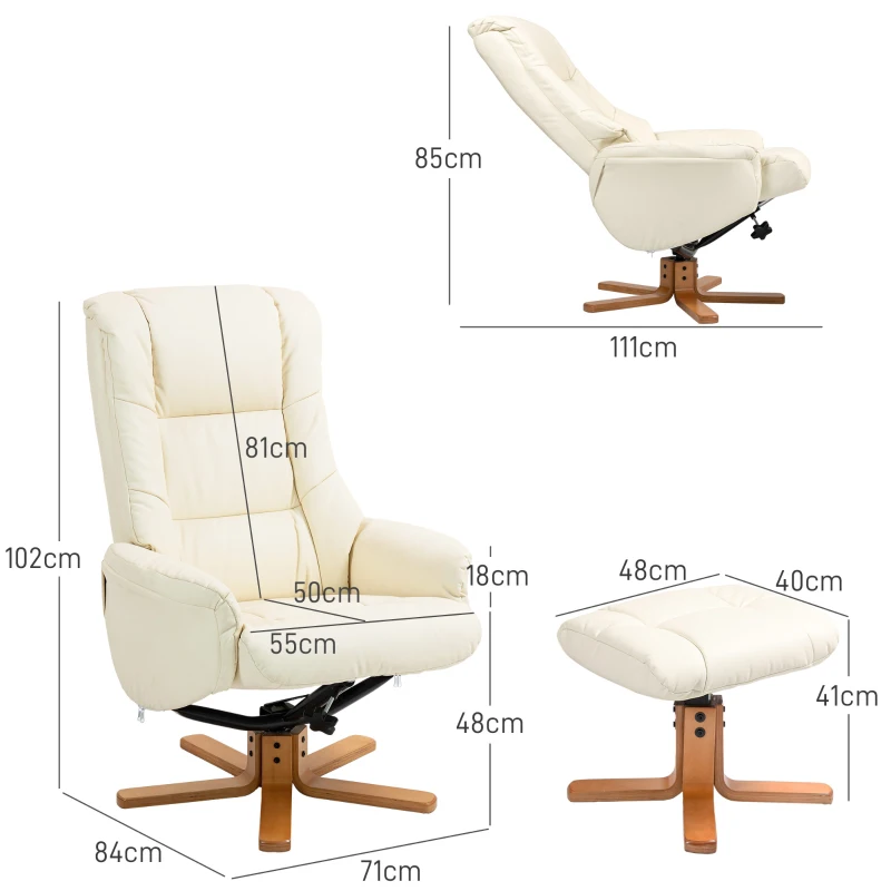 HOMCOM Relaxsessel mit Hocker, Liegefunktion, Kunstlederbezug, bis 150 kg, 71 x 84 x 102 cm, Cremeweiß(m-3)