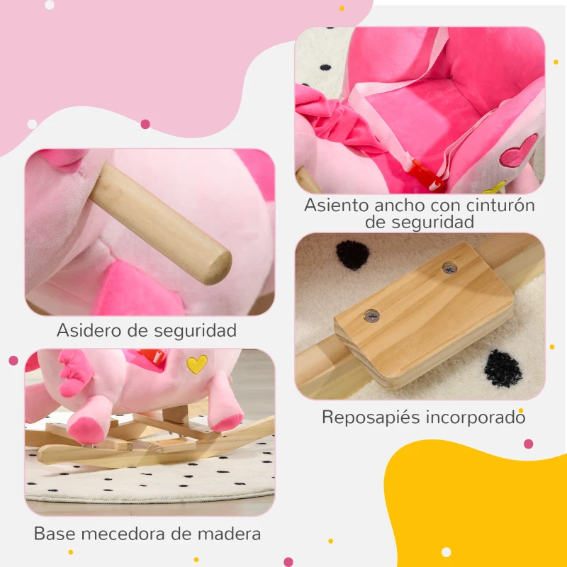 HOMCOM Caballito Balancín Infantil en Forma de Unicornio con Música Cinturón de Seguridad Manillar y Reposapiés 65x35x45cm Rosa