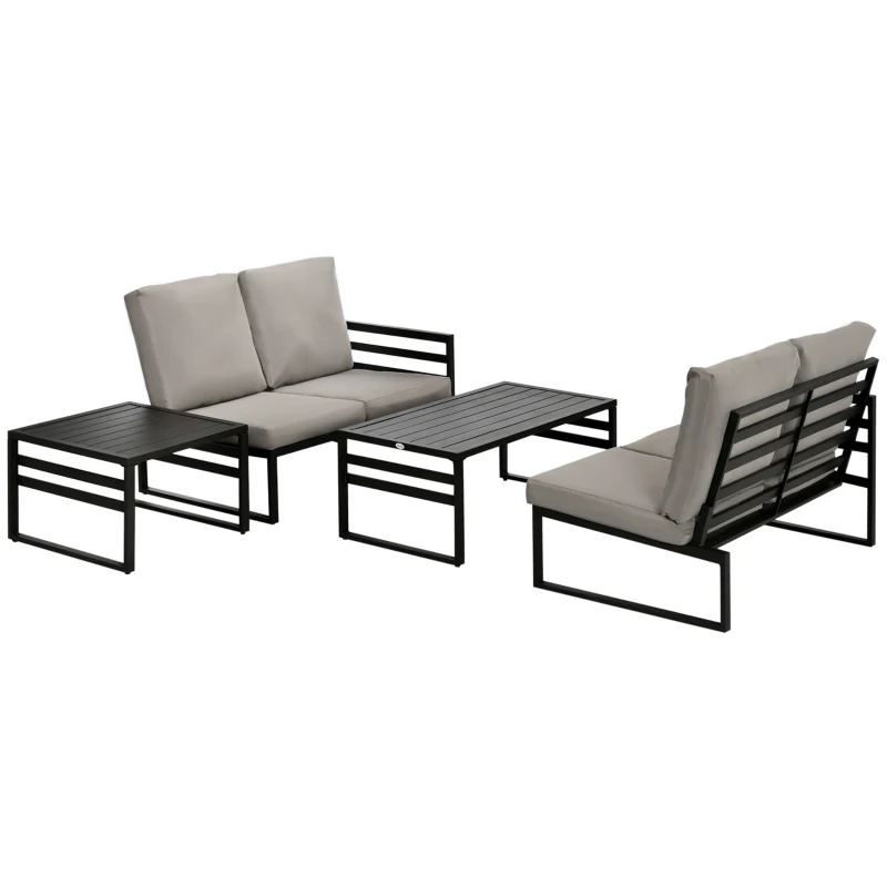 Outsunny Gartenmöbel-Set für 4 Personen 2 Sofa 2 Tische wetterbeständig, 128 cm x 79 cm x 76,5 cm, Hellgrau + Schwarz