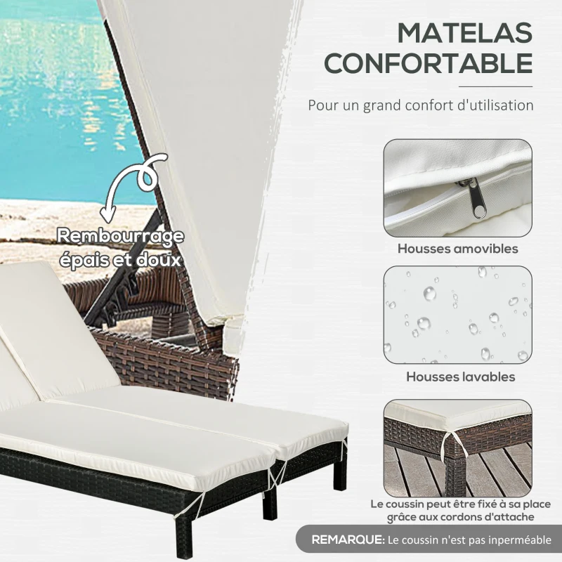 Outsunny Bain de soleil transat 2 places - grand confort - dossier inclinable multi-positions - matelas fournis crème - résine tressée 4 fils marron