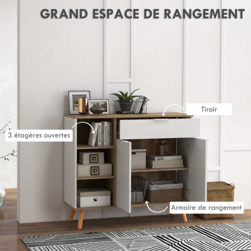 HOMCOM Meuble de rangement buffet cuisine 1 tiroir 1 placard double porte 3 étagères réglables 95 x 35 x 85 cm blanc(m-4)