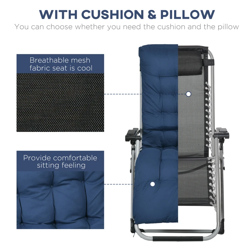 Outsunny 2pc Reclining Zero Gravity Sun Loungers ,Folding Chaise Lounge Chair with Cushions, Blue