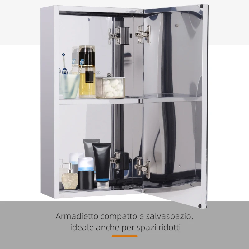 HOMCOM Specchiera Bagno in Acciaio con Anta e Vano Contenitore a 2 Ripiani, 55x14x30cm