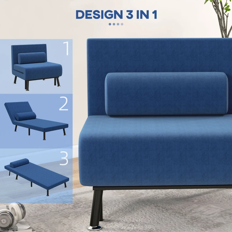 HOMCOM Poltrona Letto con Schienale Regolabile in 5 Posizioni, in Tessuto Effetto Lino e Acciaio, 75x70x75 cm, Blu Scuro