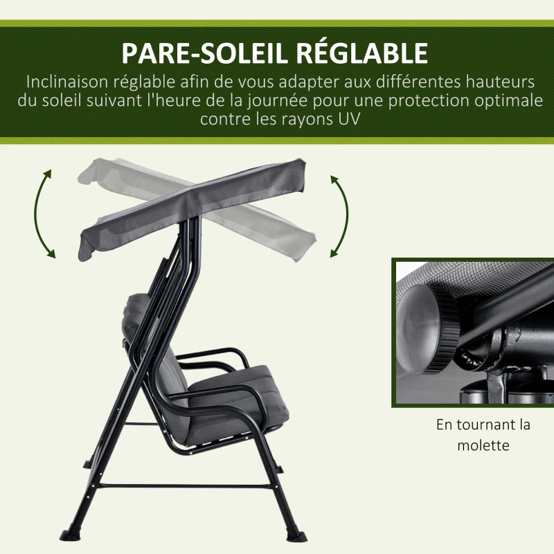 Outsunny Balancelle de Jardin 3 Places Grand Confort Toit Inclinaison réglable épais Coussins Amovibles Polyester Acier époxy Gris