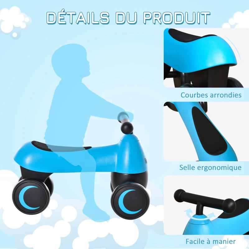 HOMCOM Draisienne vélo enfant porteur enfants voiture 4 roues EVA selle guidon ergonomique métal PP bleu noir