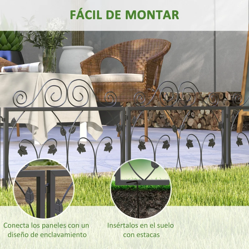 Outsunny Vallas para Jardín Exterior de 4 Paneles 57x47,5 cm  Vallas Decorativas de Jardín de Acero con Ángulo Ajustable Negro