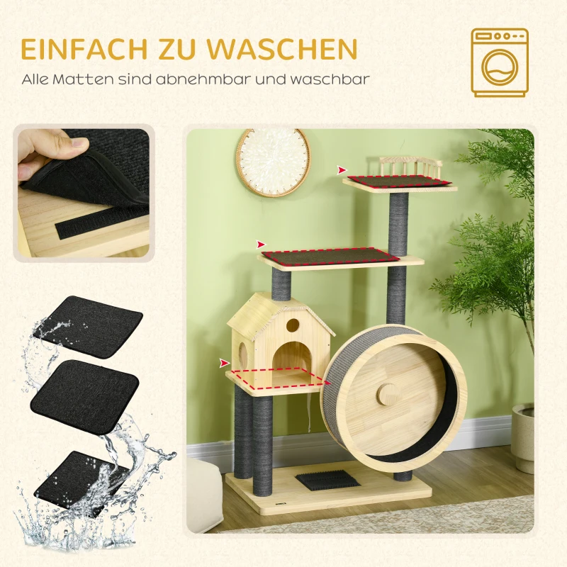 PawHut Katzenbaum mit Laufrad 4-Stock Kratzbaum Katzenhaus mit Sisalsäulen Katzenhöhle Kiefernholz Natur 80 x 50 x 143 cm