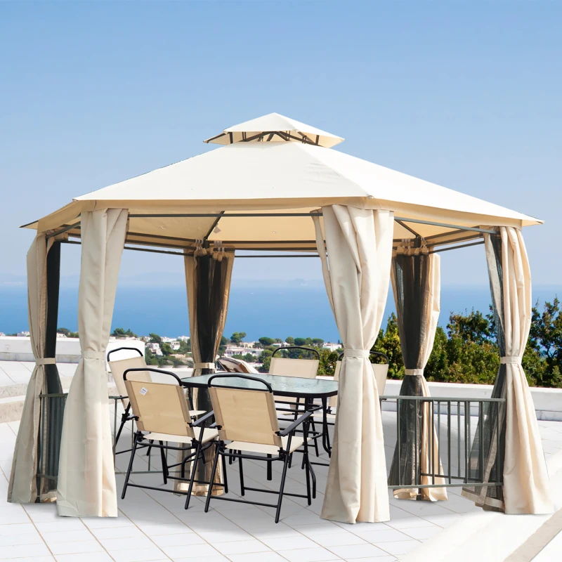 Outsunny 3 x 3 Hexagon Gazebo Patio Canopy Party Tent Outdoor Garden Shelter with 2 Tier Roof and Side Panel, Beige