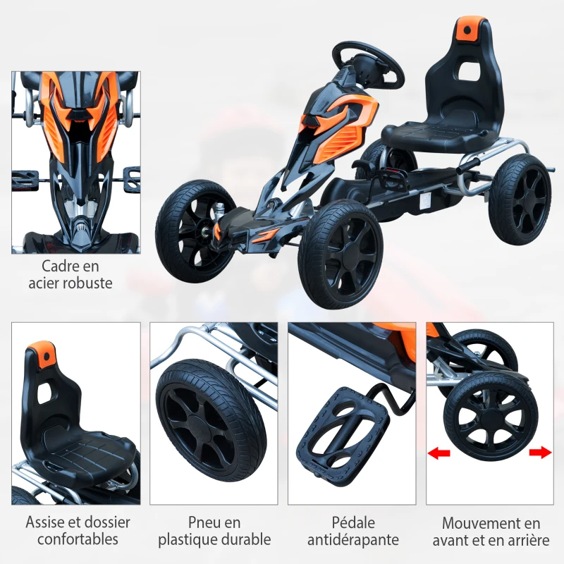 HOMCOM Kart à pédales Go-Kart Enfants 122L x 60l x 70H cm Ø Roues 29 cm siège Ergonomique Orange Noir