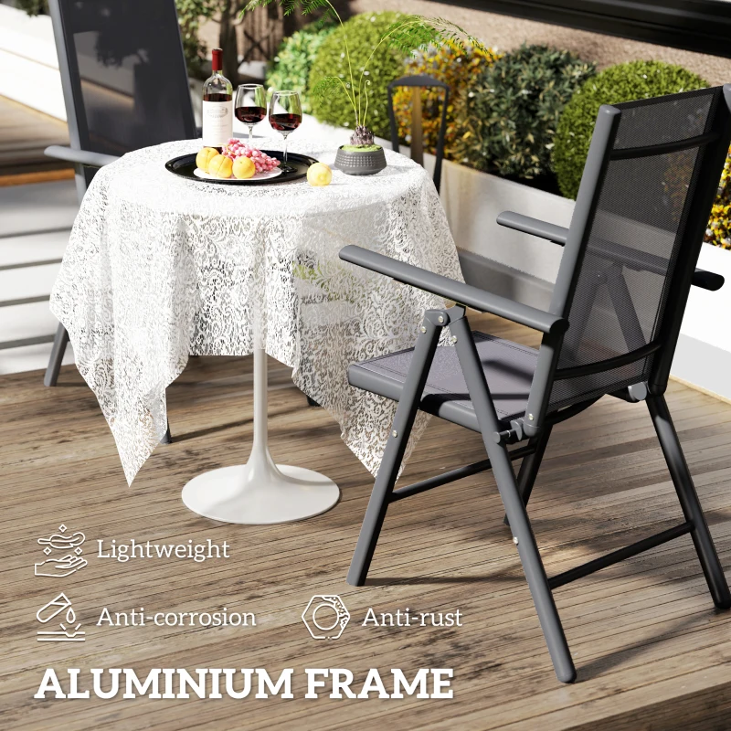 Outsunny Set of 2 Folding Garden Chairs, Aluminium Frame Outdoor Dining Chairs with Breathable Mesh Back and Seat, Garden Folding Chair Set with Armrests for Balcony, Dark Grey