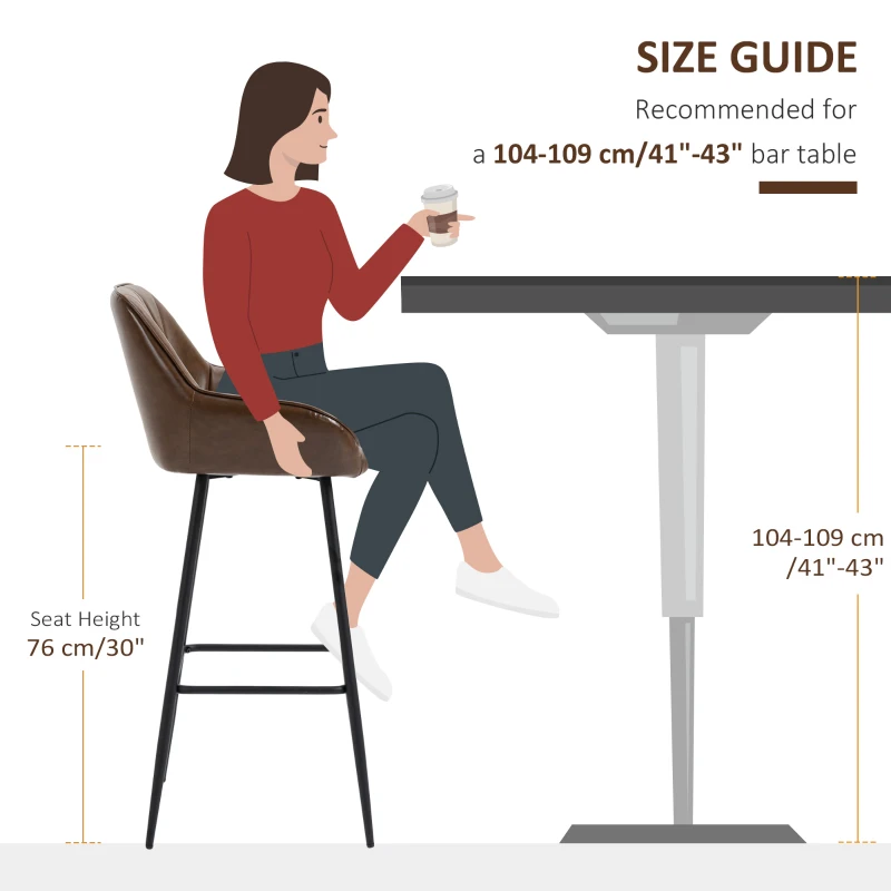 HOMCOM Retro Bar Stools Set of 2, Breakfast Bar Chairs with Footrest, Kitchen Stools with Backs and Steel Legs, for Dining Area and Home Bar, Brown