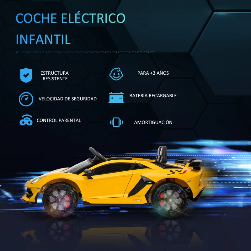 HOMCOM Coche Eléctrico para Niños de +3 Años Lamborghini SVJ Batería 12V con Mando a Distancia Velocidad de 3-5 km/h Música y Faros Carga 25 kg 123x66,5x45,5 cm Amarillo
