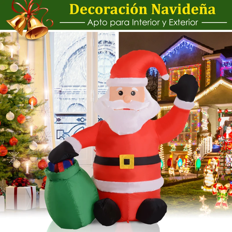 HOMCOM Papa Noel Inflable 70x45x120cm Luces LED + Bolsa Regalo Decoracion Navidad Santa