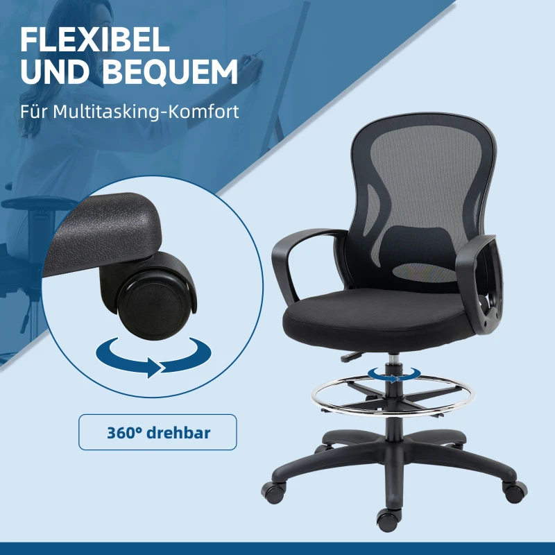 Vinsetto Bürostuhl, Zeichenstuhl mit Fußstütze, höhenverstellbar, 5 Rollen, Schwarz