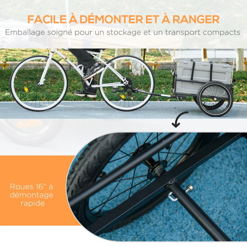 HOMCOM Remorque à vélo avec coffre de rangement amovible et pliable de 65L, charge maximale de 40KG