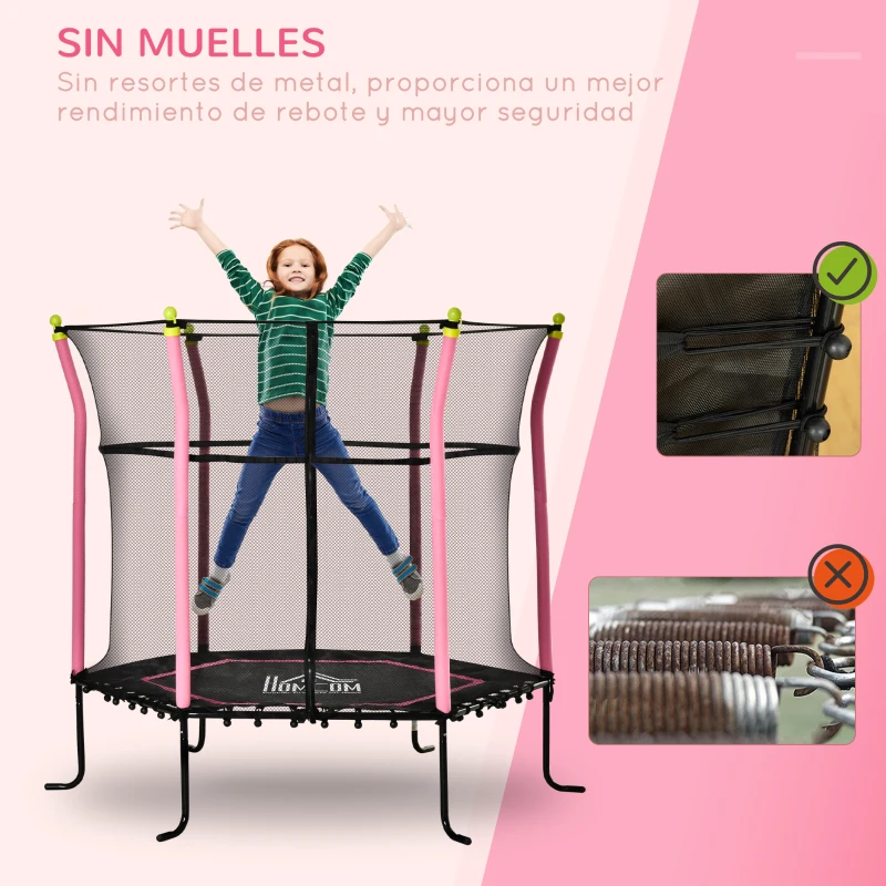 HOMCOM Cama Elástica Infantil Trampolín para Niños +3 Años con Red de Seguridad Ø163,5x163,5 cm Rosa