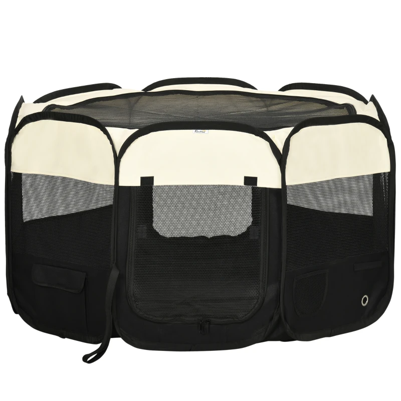 PawHut Freigehege, Welpenauslauf, klappbar, Deck- und Bodenplane, Stahlrahmen, Cremeweiß+Schwarz, 118 x 118 x 62 cm