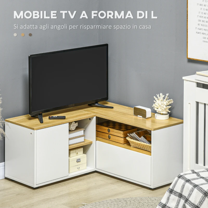 HOMCOM Mobile TV a L per TV da 40" con 3 Ripiani Aperti e 2 Armadietti, in Truciolato, 90x90x45 cm