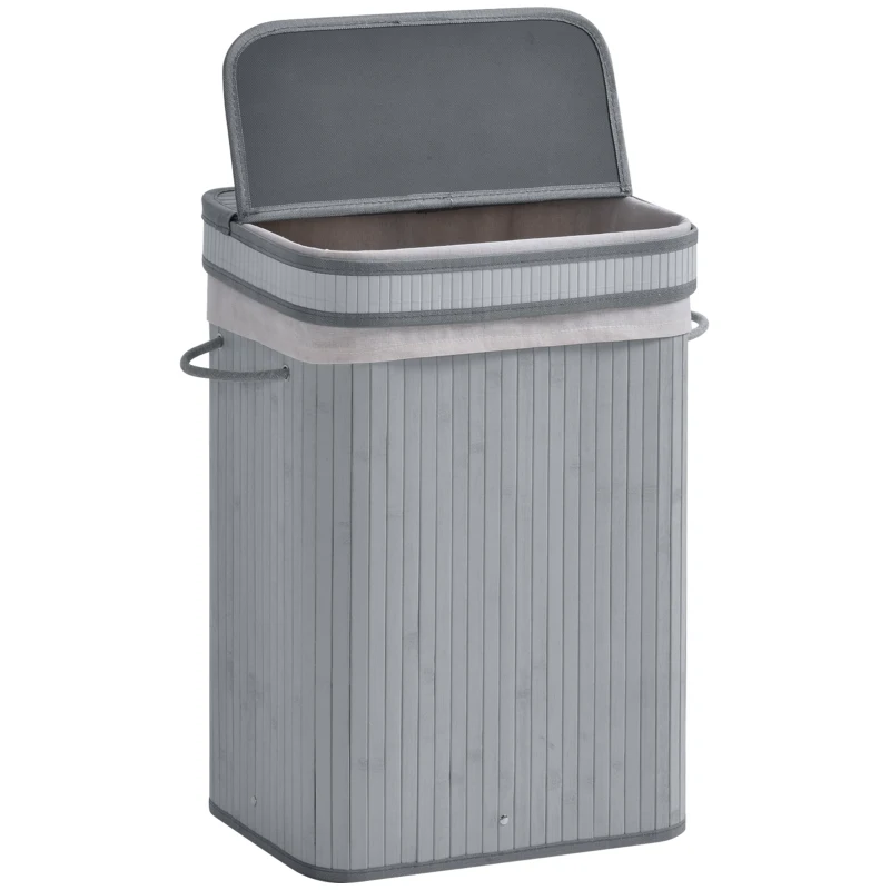 HOMCOM 70L Natural Wood Laundry Basket A Compartment w/Flip Lid Removable Lining Handles Board Base Foldable Durable Water-Resistant Dirty Clothes Storage Home Organisation Grey